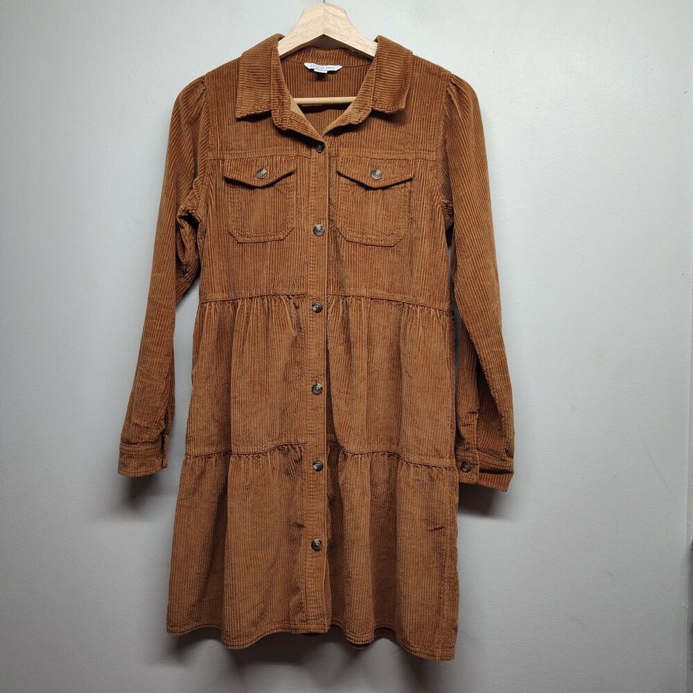 American Eagle Corduroy Tiered Mini Shirt Dress Women XS Brown Boho Babydoll